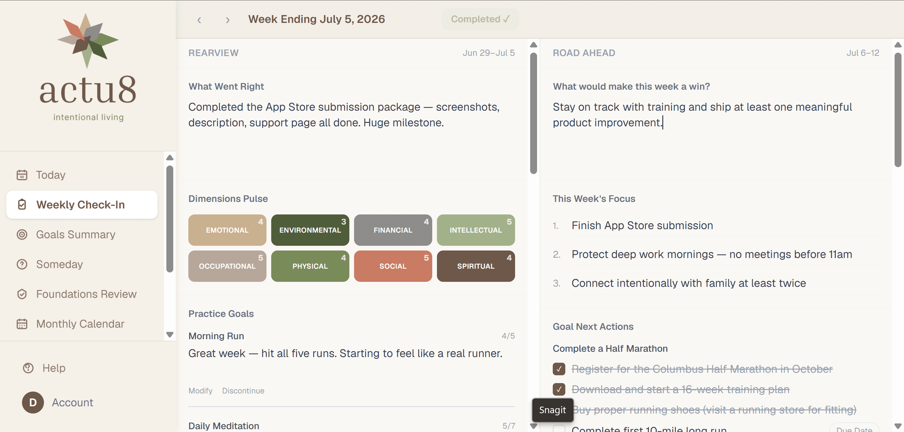 Weekly Check-In showing dimensions pulse and rearview/road ahead sections