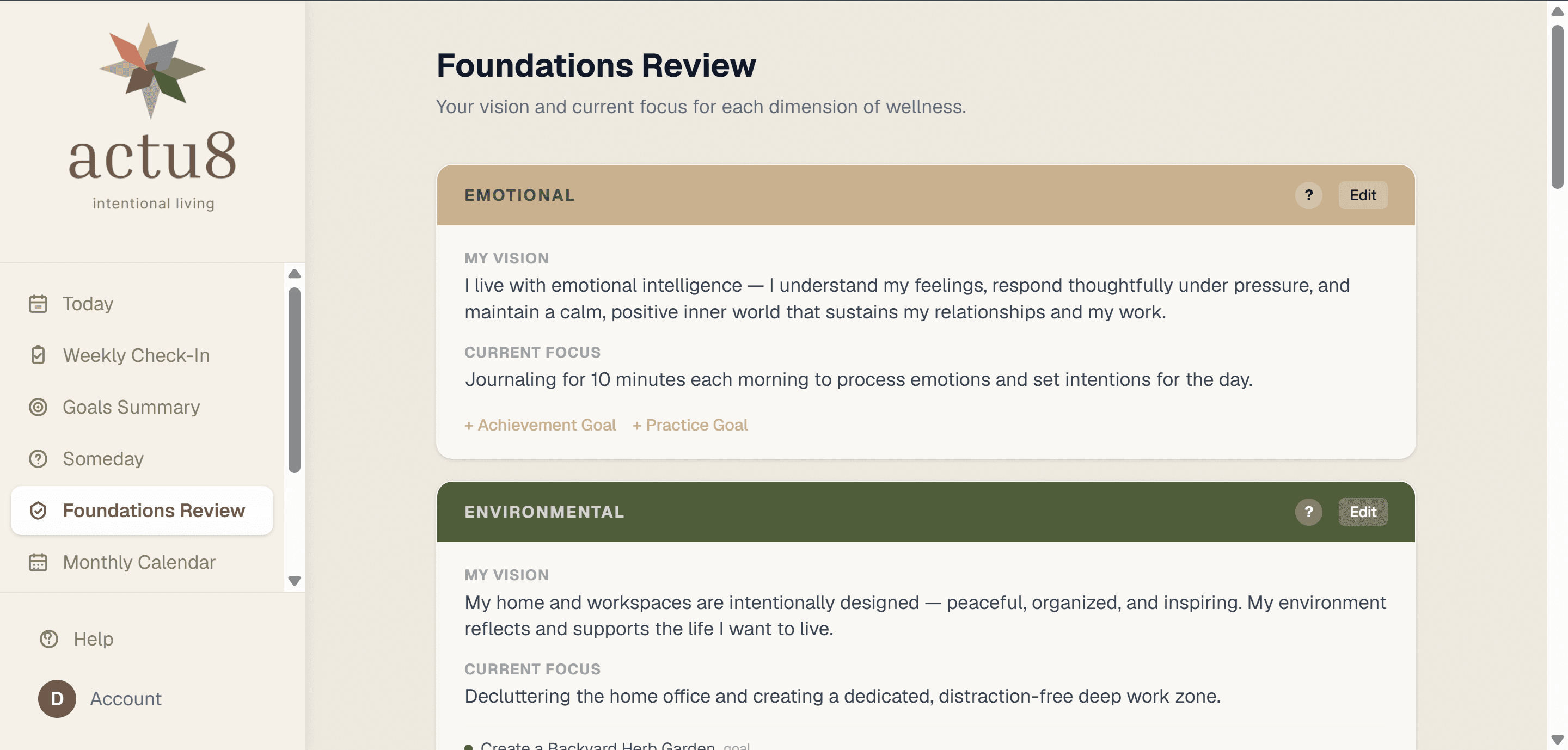 Foundations Review showing vision and current focus for each wellness dimension