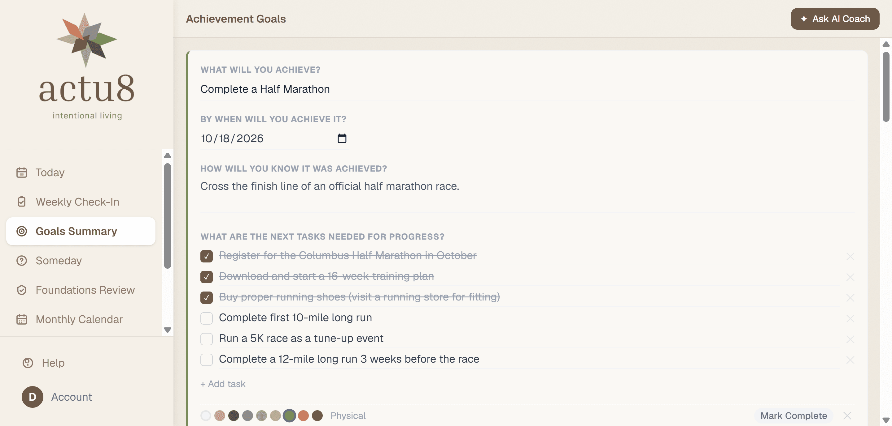 Achievement Goals view showing goal detail with milestone tasks