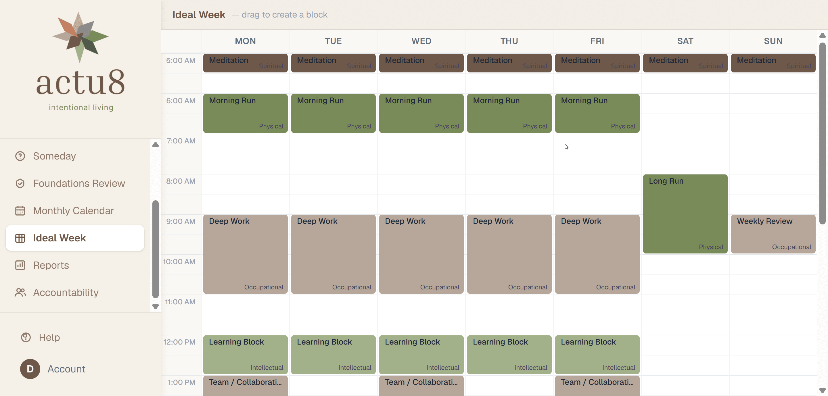 Ideal Week view showing color-coded time blocks across seven days