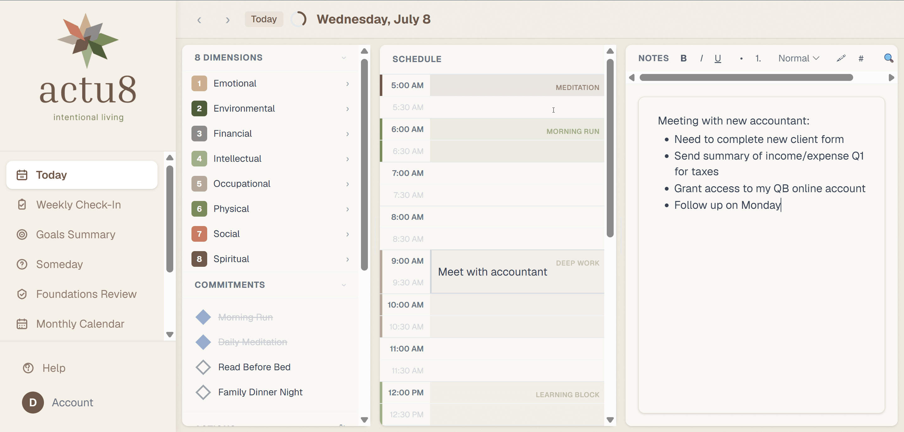 actu8 Today view showing daily schedule, commitments, and notes